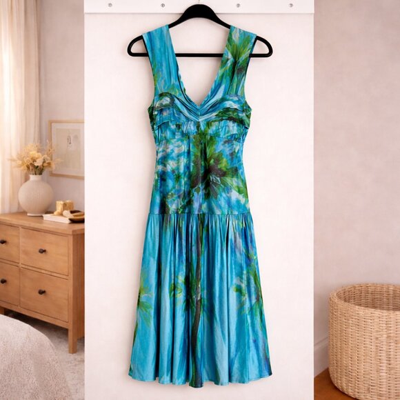 FunFash Dresses & Skirts - Blue Green Tropical Midi Dress 18/20 Empire Waist Slinky Stretch Sweetheart Neck